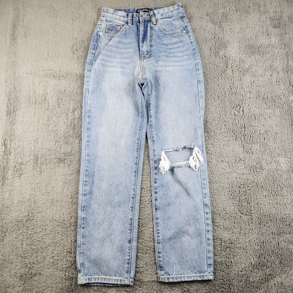 Women's High Waisted Boyfriend Fit Jean Size 2 Blue Baggy Whiskered Straight Leg